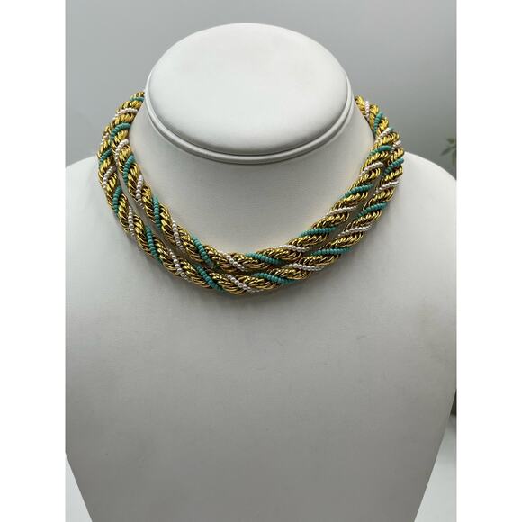 Kenneth Jay Lane KJL 1972 Rope Twisted 28” Vintage Blue White Gold Necklace - Picture 1 of 12